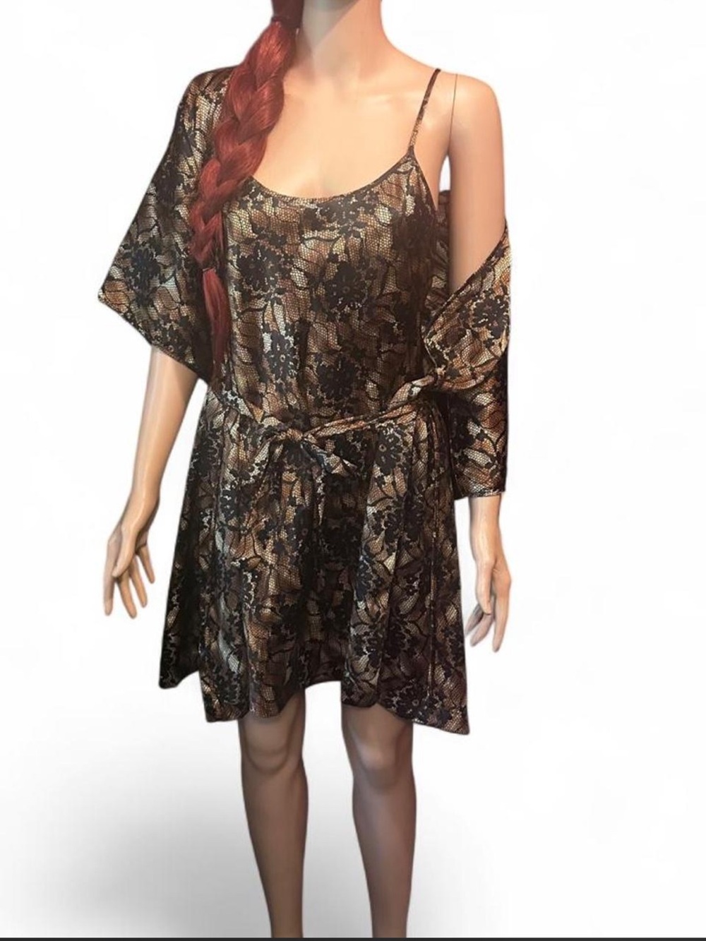 Secret Treasures Black and Gold Lace-Slip Dress & silk Robe